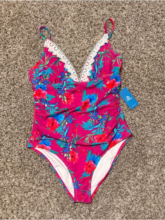 Cupshe Other - NWT, Cupshe Pink Floral One-Piece Swimsuit with Lace Trim, L